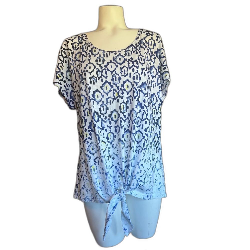 Chico’s Patterned Knit Top Tie Waist White Blue Yellow 2 L Large